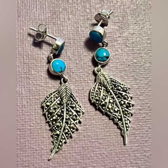 Sterling Silver Turquoise and Marcasite Leaf Dangle Earrings - Picture 3 of 4
